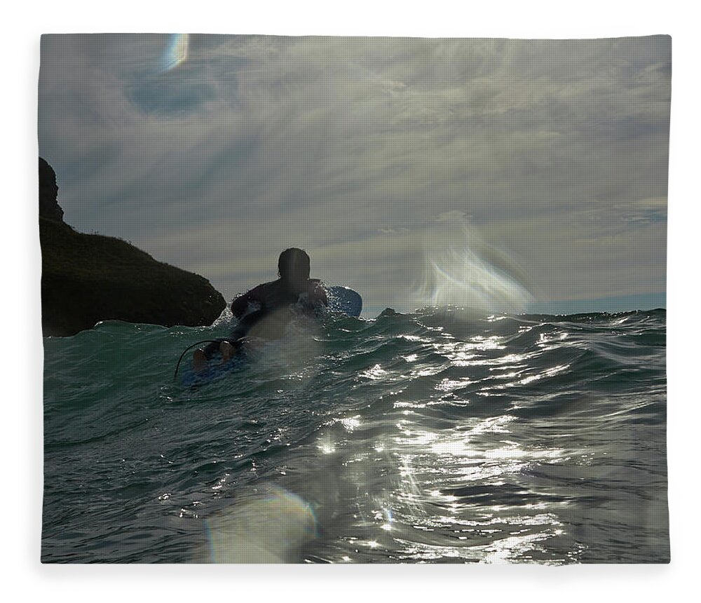 Asian And Indian Ethnicities Fleece Blanket featuring the photograph Figure On Surfboard Paddling Out To Sea by Dougal Waters