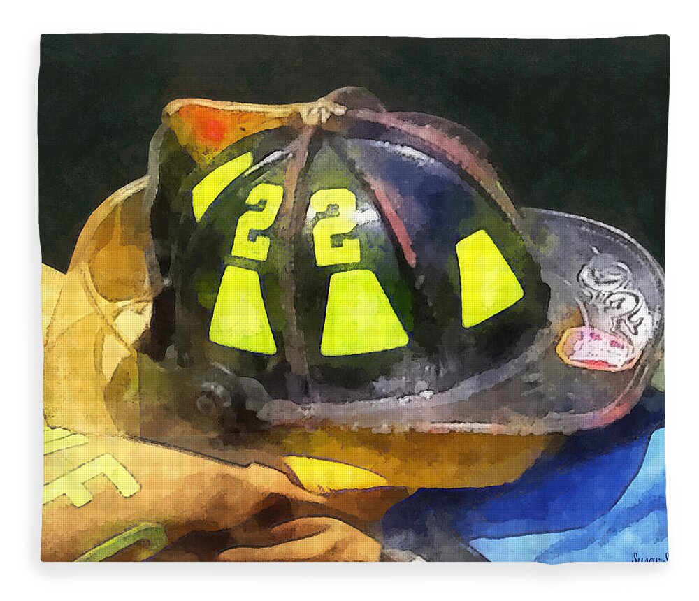 Helmet Fleece Blanket featuring the photograph Fireman's Helmet on Uniform by Susan Savad