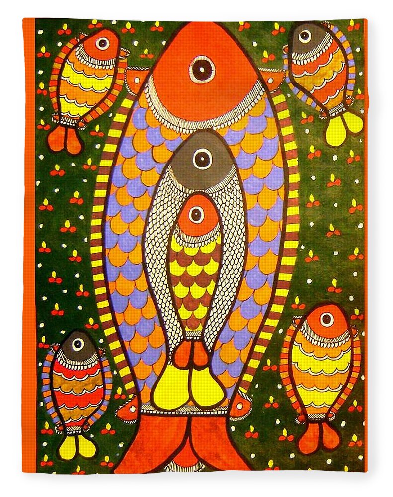 Fishes-Madhubani Painting Fleece Blanket by Mithila Crafts - Pixels