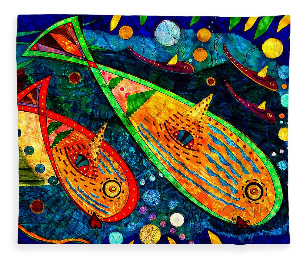 Fishes Fleece Blanket featuring the painting Fishes - Water Life by Marie Jamieson