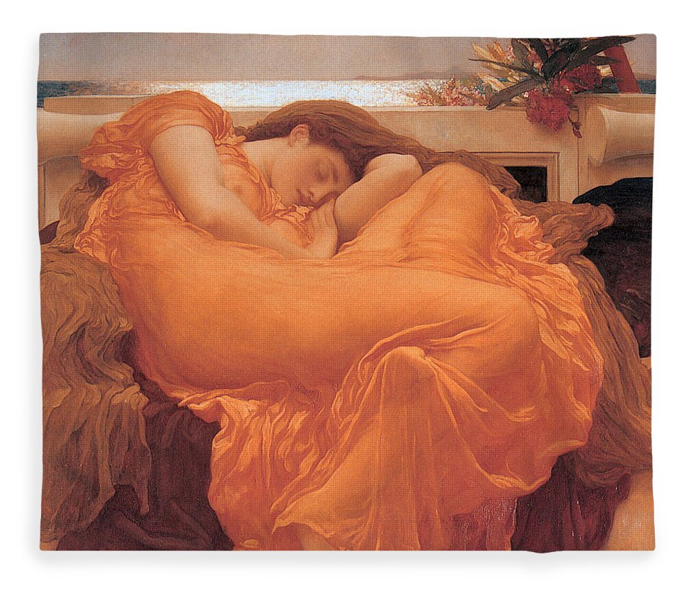 Flaming June Fleece Blanket featuring the painting Flaming June by Frederick Leighton