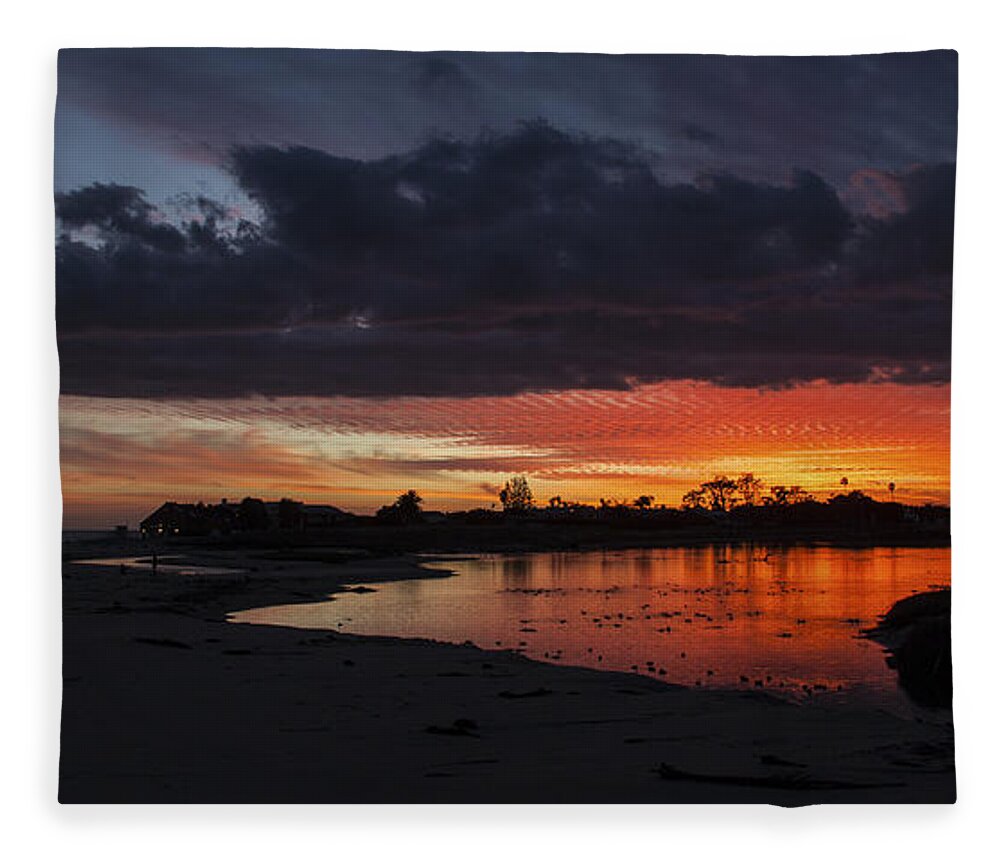 Flaming Red Sunset Prints Fleece Blanket featuring the photograph Flaming Red Sunset Over Malibu Beach Lagoon Estuary Fine Art Photograph Print by Jerry Cowart