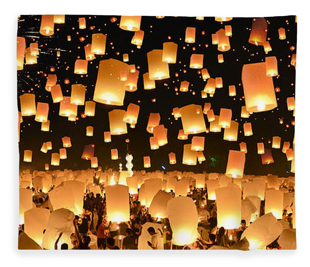 Hanging Fleece Blanket featuring the photograph Floating Lanterns Yi Peng In Thailand by Nanut Bovorn