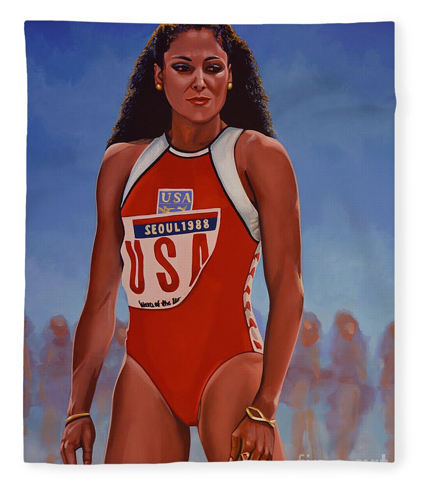 Florence Griffith Fleece Blanket featuring the painting Florence Griffith - Joyner by Paul Meijering