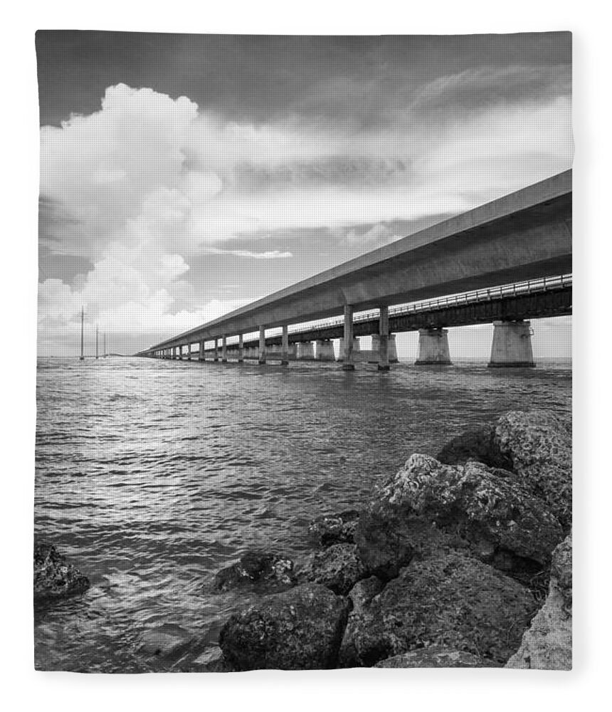 Florida Fleece Blanket featuring the photograph Florida Keys Seven Mile Bridge South BW Vertical by Photographic Arts And Design Studio