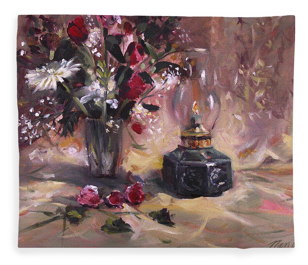Flowers Fleece Blanket featuring the painting Flowers with Lantern by Nancy Griswold