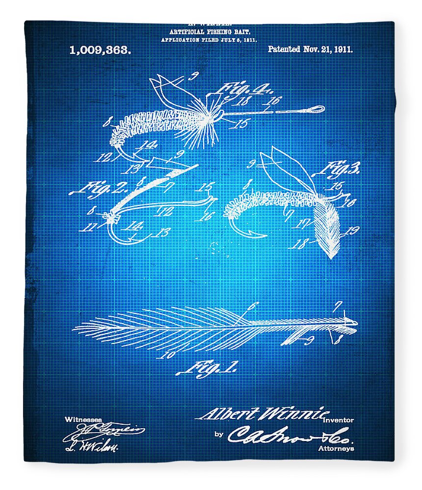 Artificial Fishing Bait Fleece Blanket featuring the mixed media Fly Fishing Bait Patent Blueprint Drawing by Tony Rubino