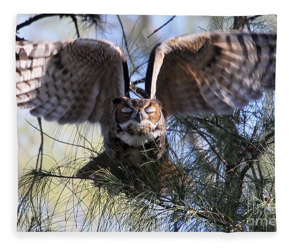 Great Horned Owl Fleece Blanket featuring the photograph Flying Blind - Great Horned Owl by Meg Rousher