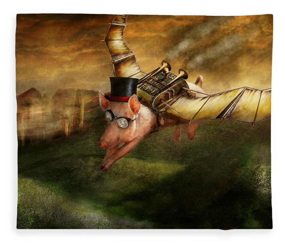 Pig Fleece Blanket featuring the photograph Flying Pig - Steampunk - The flying swine by Mike Savad