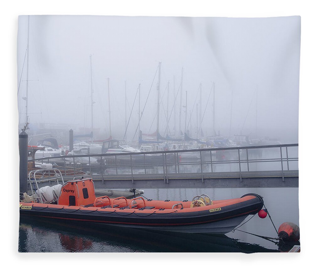 Anstruther Fleece Blanket featuring the photograph Fog in Marina II by Elena Perelman