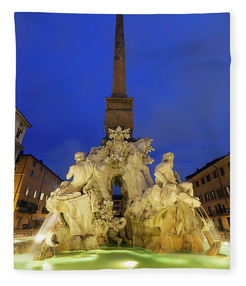Statue Fleece Blanket featuring the photograph Fountain Of The Four Rivers On The by Guy Vanderelst