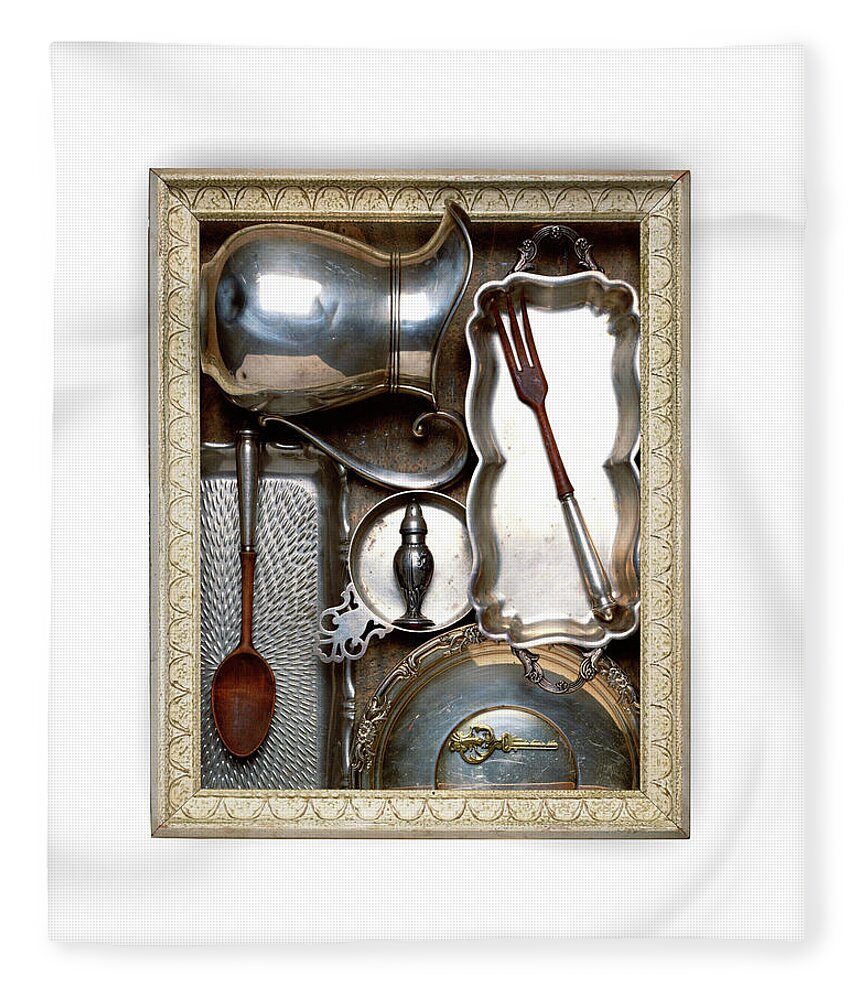 White Background Fleece Blanket featuring the photograph Frame With Vintage Silver Kitchen Items by Jonathan Kantor
