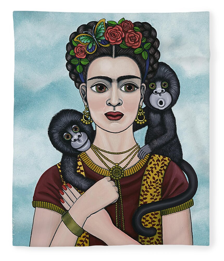 Frida Kahlo Fleece Blanket featuring the painting Frida In The Sky by Victoria De Almeida