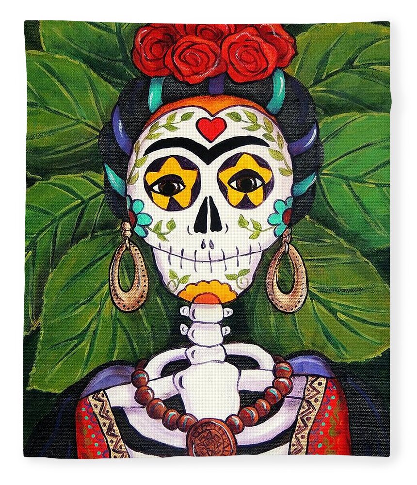 Dia De Los Muertos Fleece Blanket featuring the painting Frida with Roses by Candy Mayer