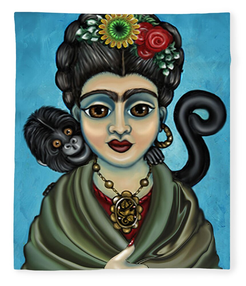 Frida Fleece Blanket featuring the painting Frida's Monkey by Victoria De Almeida