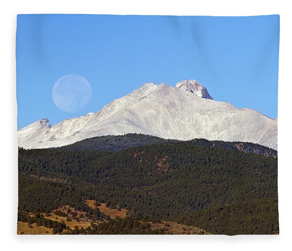 Colorado Fleece Blanket featuring the photograph Full Moon Setting Over Snow Covered Twin Peaks by James BO Insogna