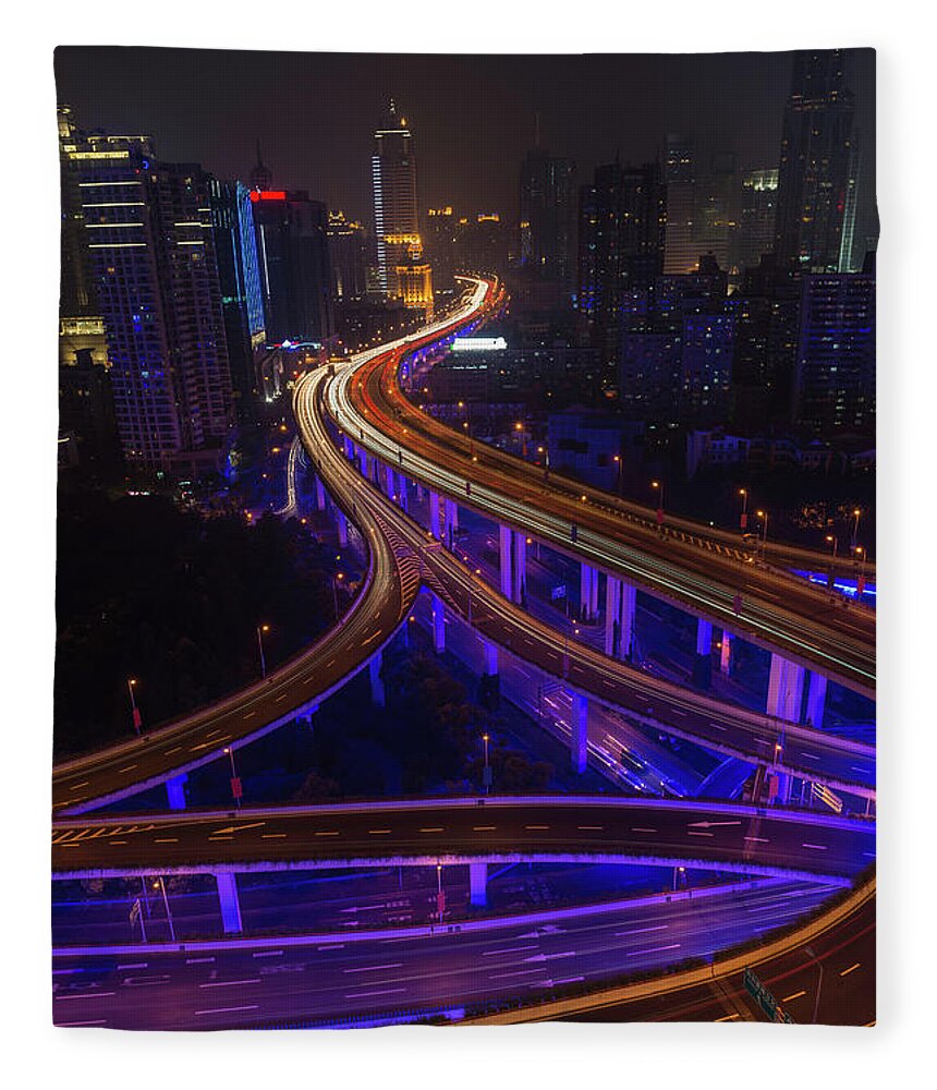 Chinese Culture Fleece Blanket featuring the photograph Futuristic City Lights Neon Night by Fotovoyager