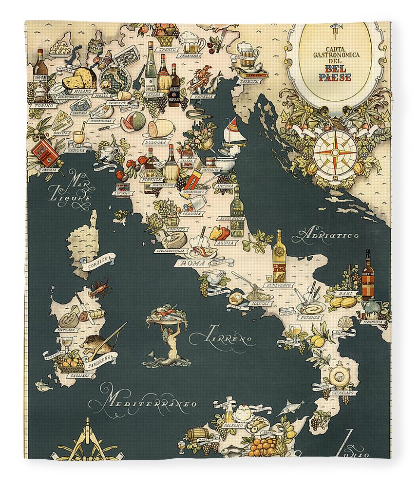 Italy Fleece Blanket featuring the photograph Gastronomic Map of Italy 1949 by Andrew Fare