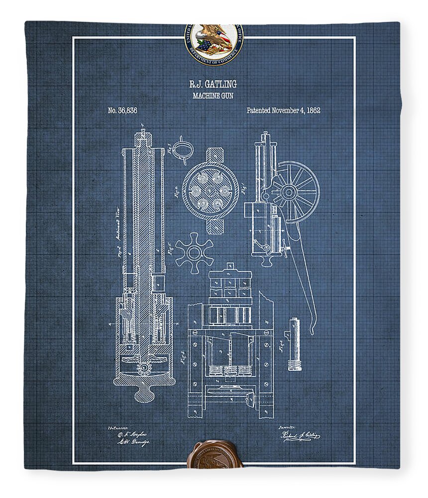 C7 Vintage Patents Weapons And Firearms Fleece Blanket featuring the digital art Gatling Machine Gun - Vintage Patent Blueprint by Serge Averbukh