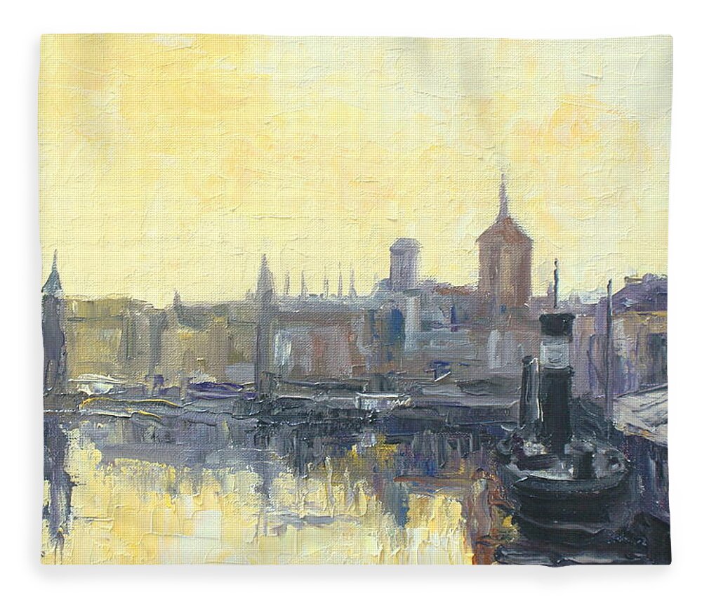 Gdansk Fleece Blanket featuring the painting Gdansk Harbour - Poland by Luke Karcz