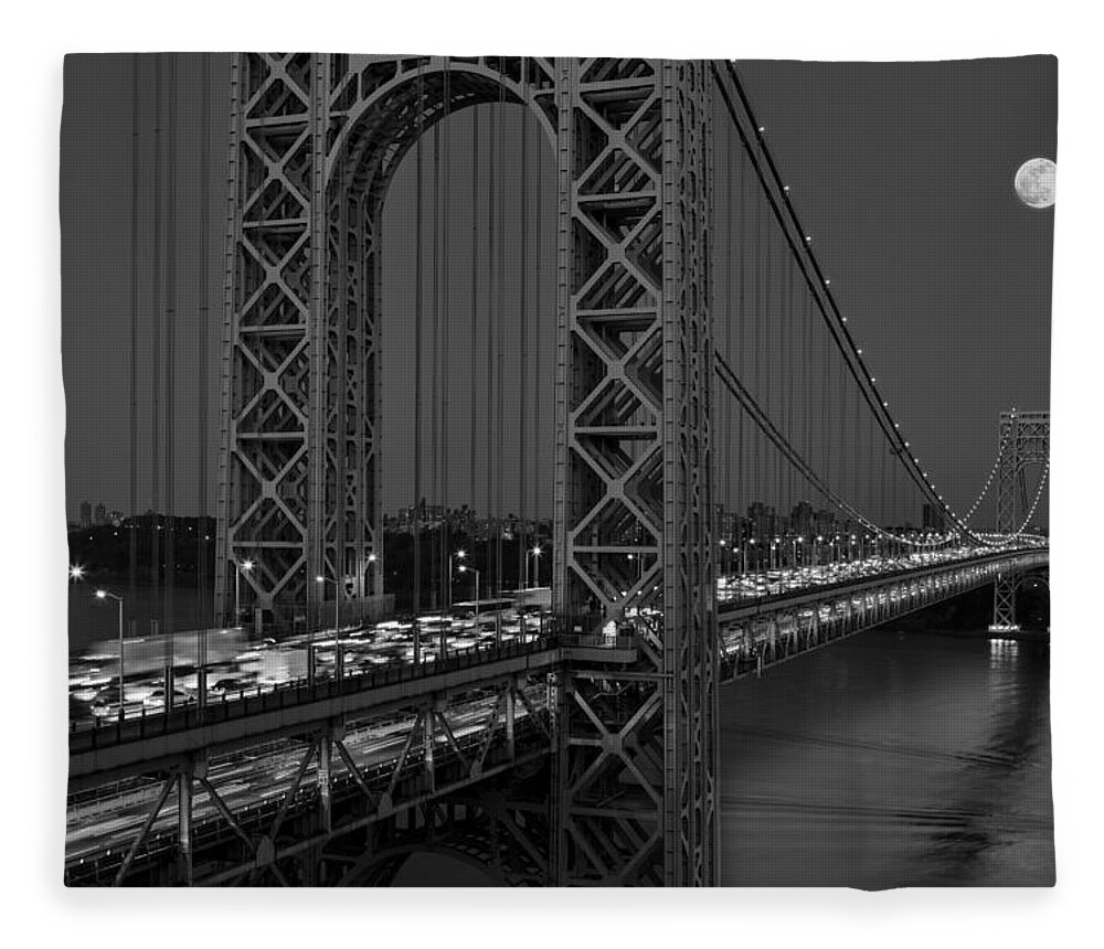 George Washington Bridge Fleece Blanket featuring the photograph George Washington Bridge Moon Rise BW by Susan Candelario