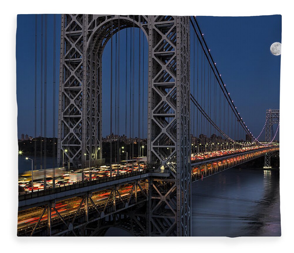 George Washington Bridge Fleece Blanket featuring the photograph George Washington Bridge Moon Rise by Susan Candelario