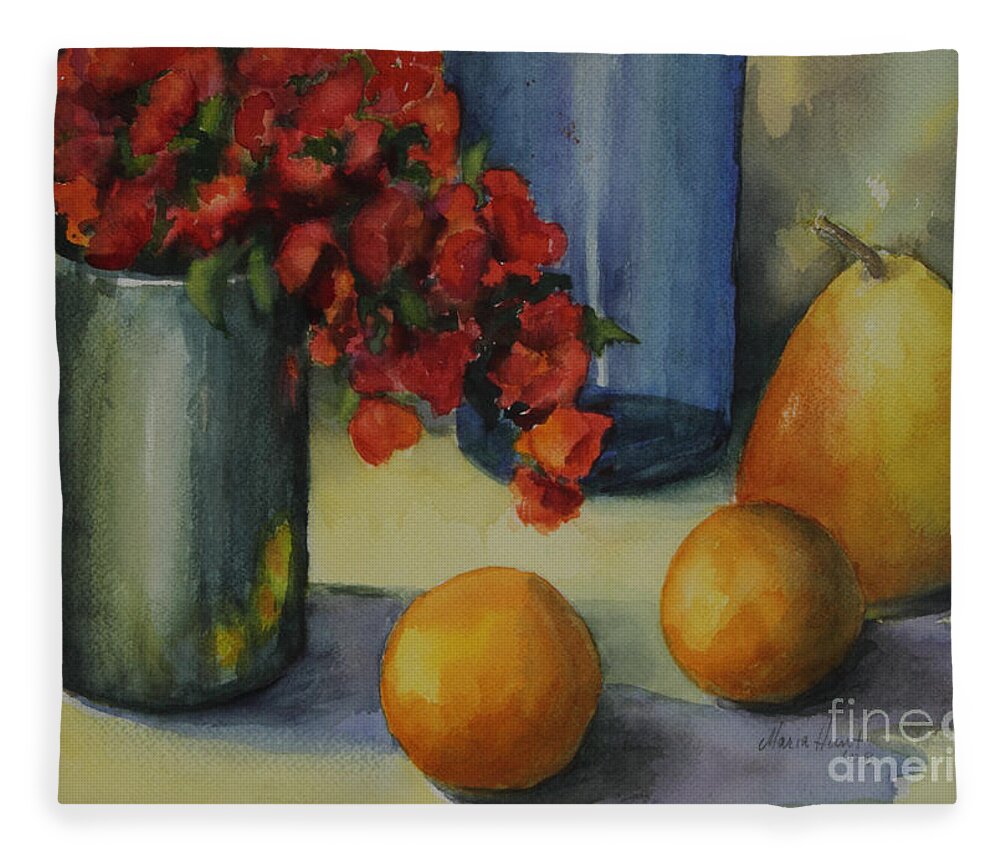 Pewter Vase Fleece Blanket featuring the photograph Geraniums with Pear and Oranges by Maria Hunt