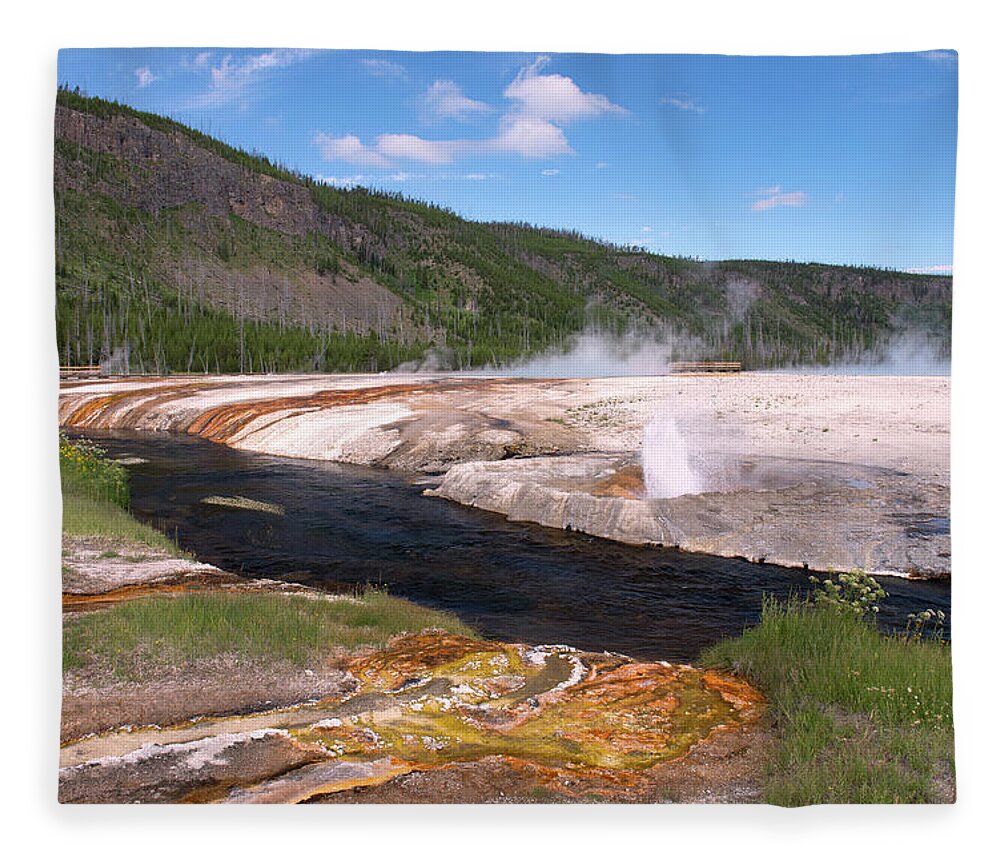 Scenics Fleece Blanket featuring the photograph Geysers & The River At Yellowstone by Gail Shotlander