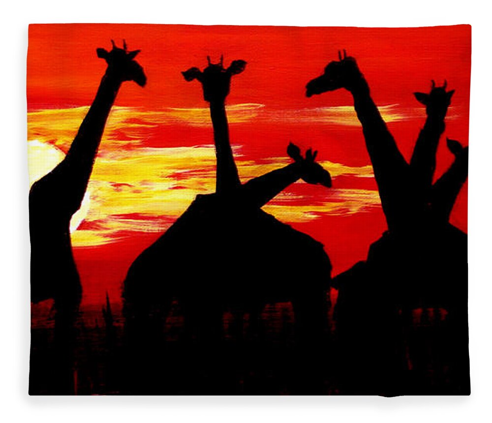 Giraffe Fleece Blanket featuring the painting Giraffes Sunset Africa Serengeti by Katy Hawk