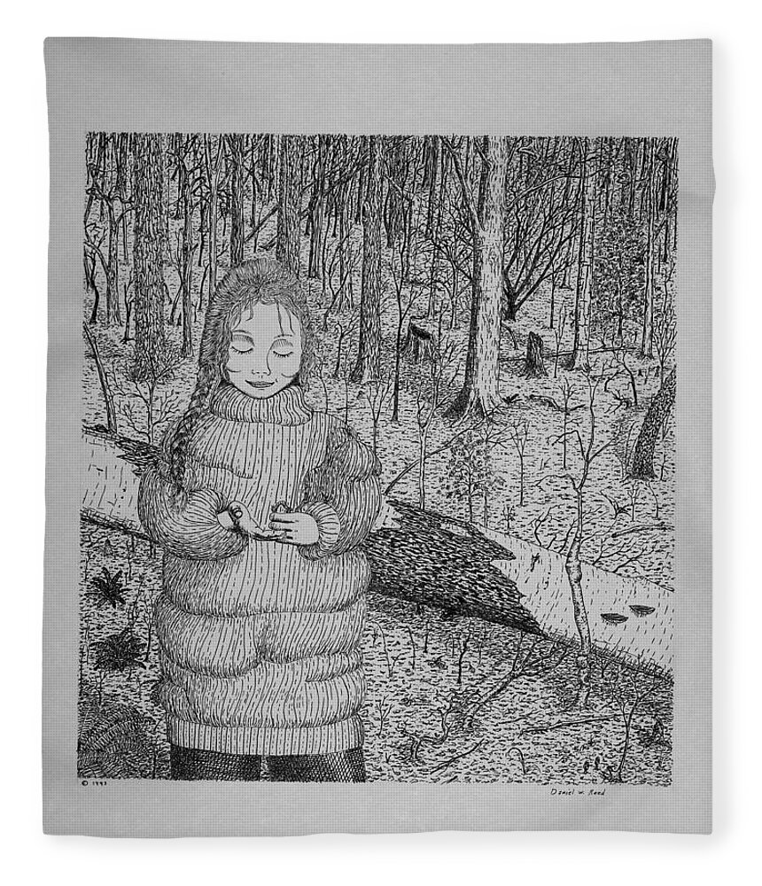 Girl Fleece Blanket featuring the drawing Girl In The Forest by Daniel Reed
