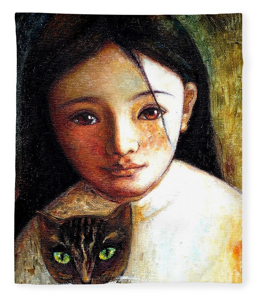 Portrait Fleece Blanket featuring the painting Girl with Cat by Shijun Munns