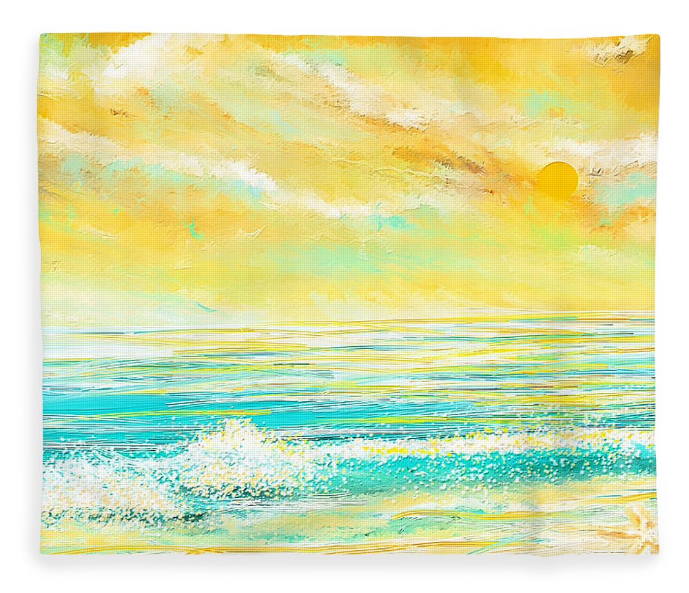 Turquoise Fleece Blanket featuring the painting Glowing Waves - Seascapes Sunset Abstract by Lourry Legarde