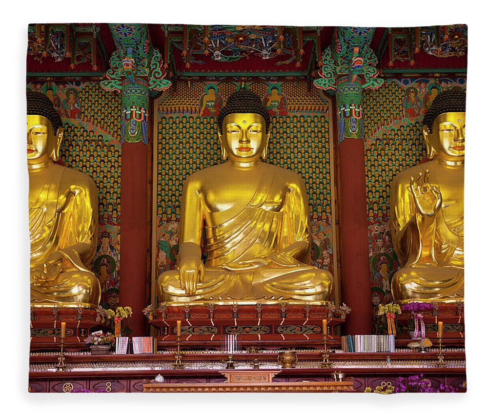 Korea Fleece Blanket featuring the photograph Gold Budha Statues Seoul, South Korea by Holgs