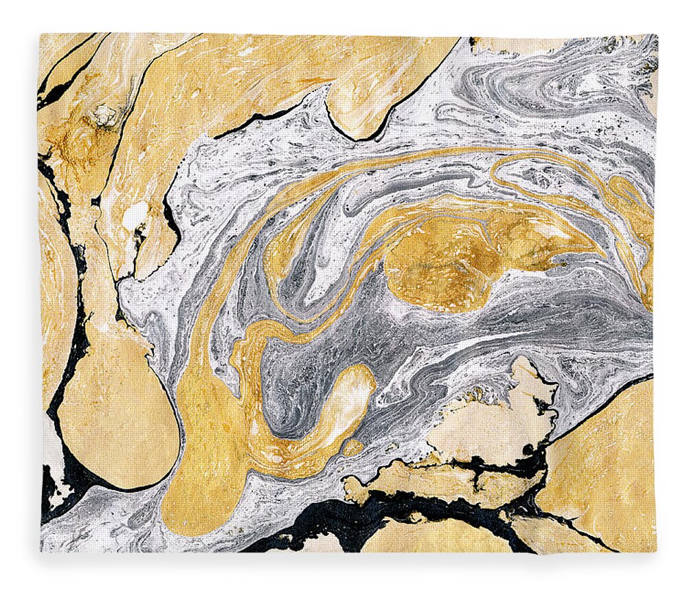 Material Fleece Blanket featuring the digital art Golden And Silver Marble Background by Asya mix