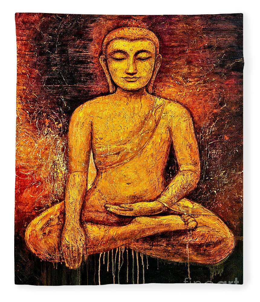 Buddha Fleece Blanket featuring the painting Golden Buddha 2 by Shijun Munns