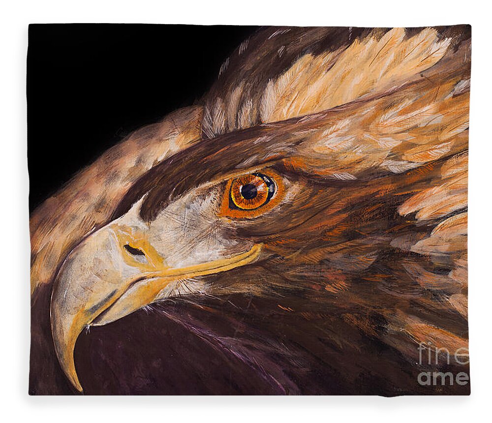 Eagle Fleece Blanket featuring the painting Golden eagle close up painting by Carolyn Bennett by Simon Bratt