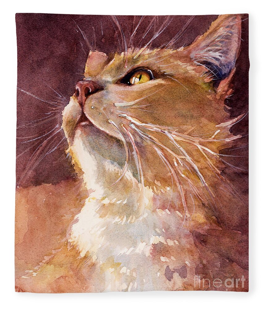 Cat Fleece Blanket featuring the painting Golden Eyes by Judith Levins