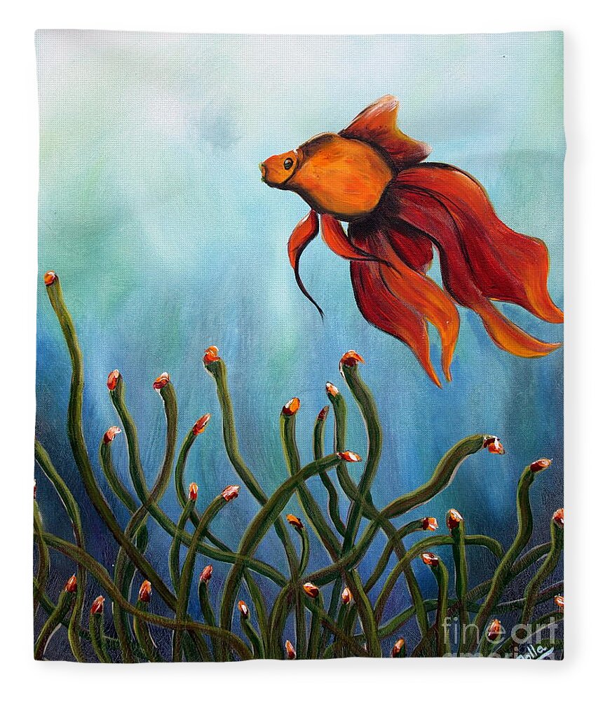 Fish Fleece Blanket featuring the painting Goldfish by Jolanta Anna Karolska