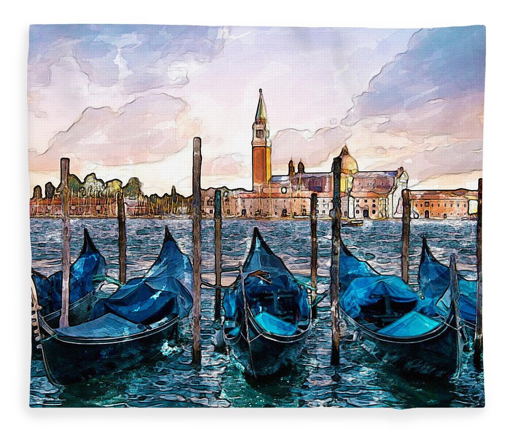 Marian Voicu Fleece Blanket featuring the painting Gondolas in Venice watercolor by Marian Voicu