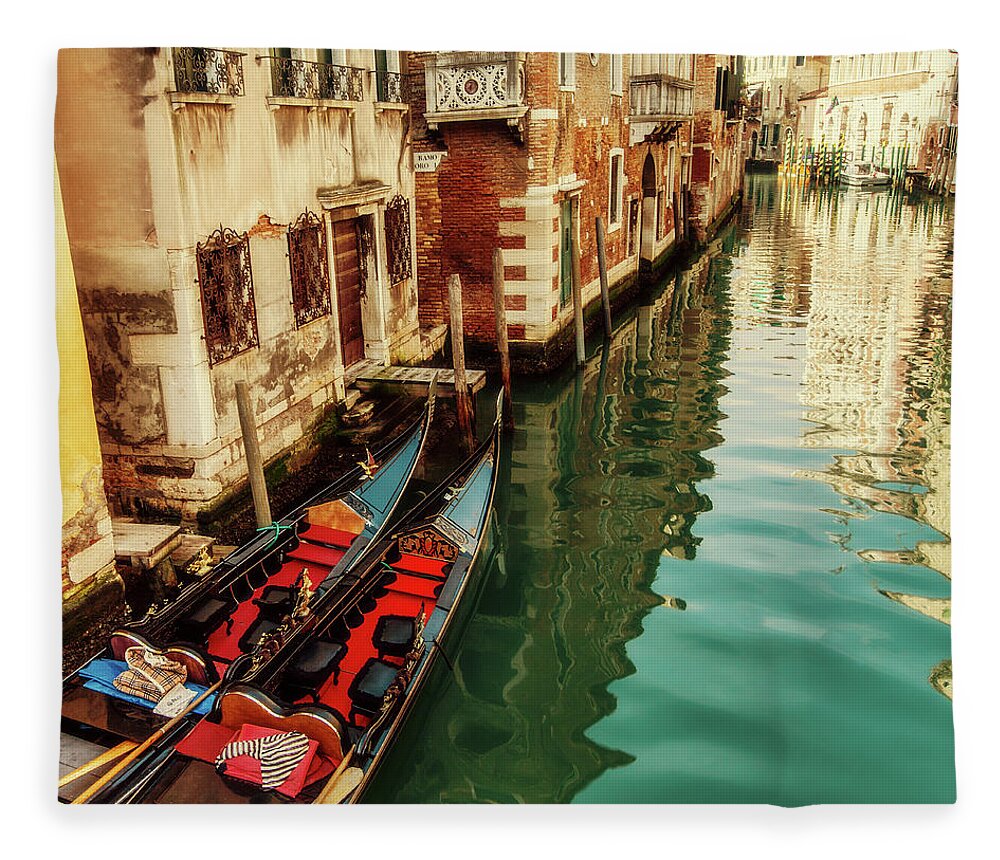 Tranquility Fleece Blanket featuring the photograph Gondolas Moored, Sunlit Buildings And by Lesleygooding