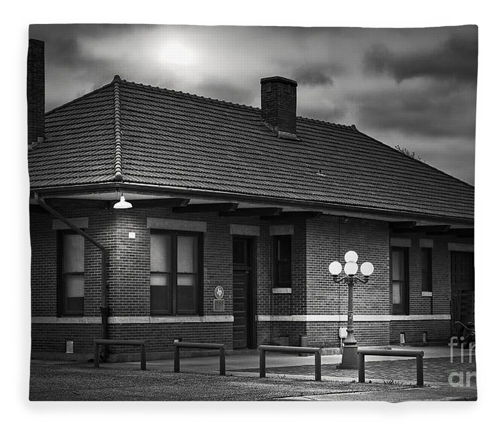 Rail Fleece Blanket featuring the photograph Train Depot At Night - Noir by Robert Frederick
