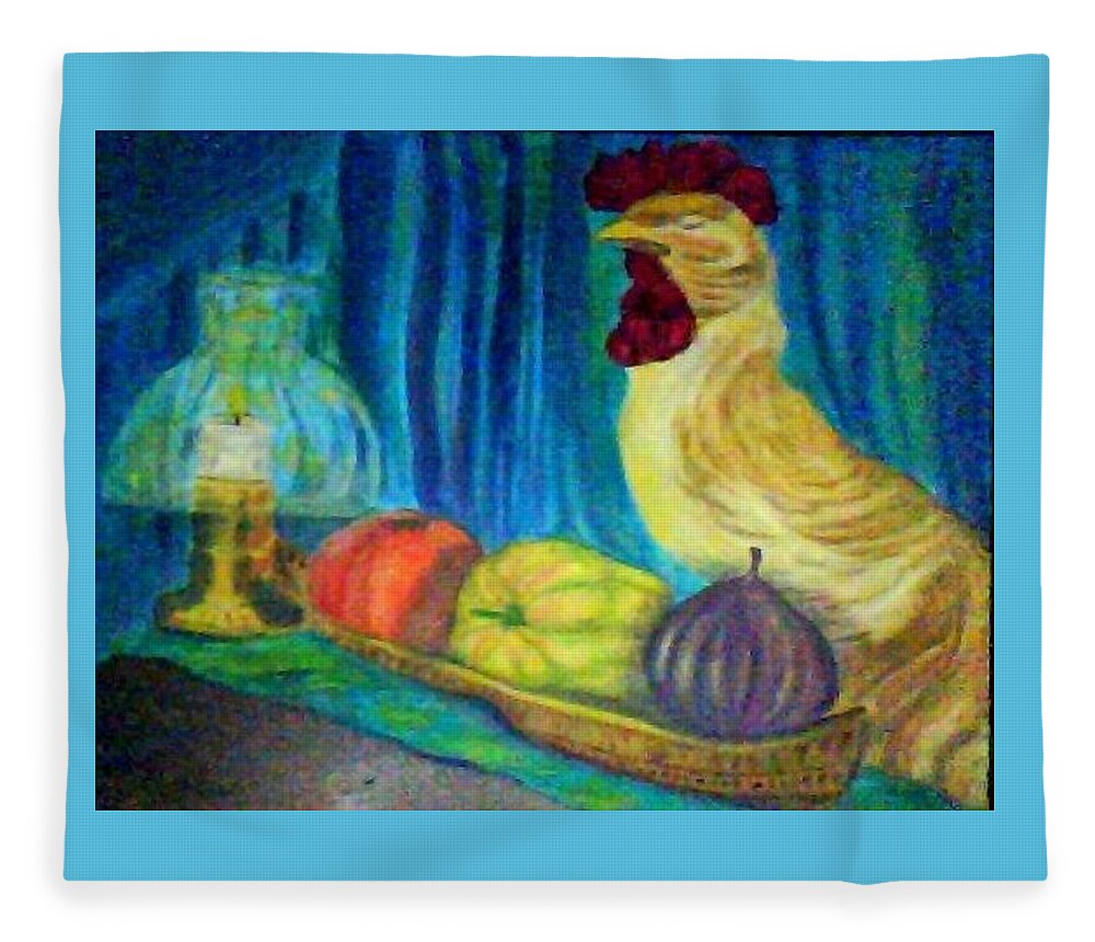 Rooster Fleece Blanket featuring the painting Grandma's Rooster Greeting Card by Suzanne Berthier