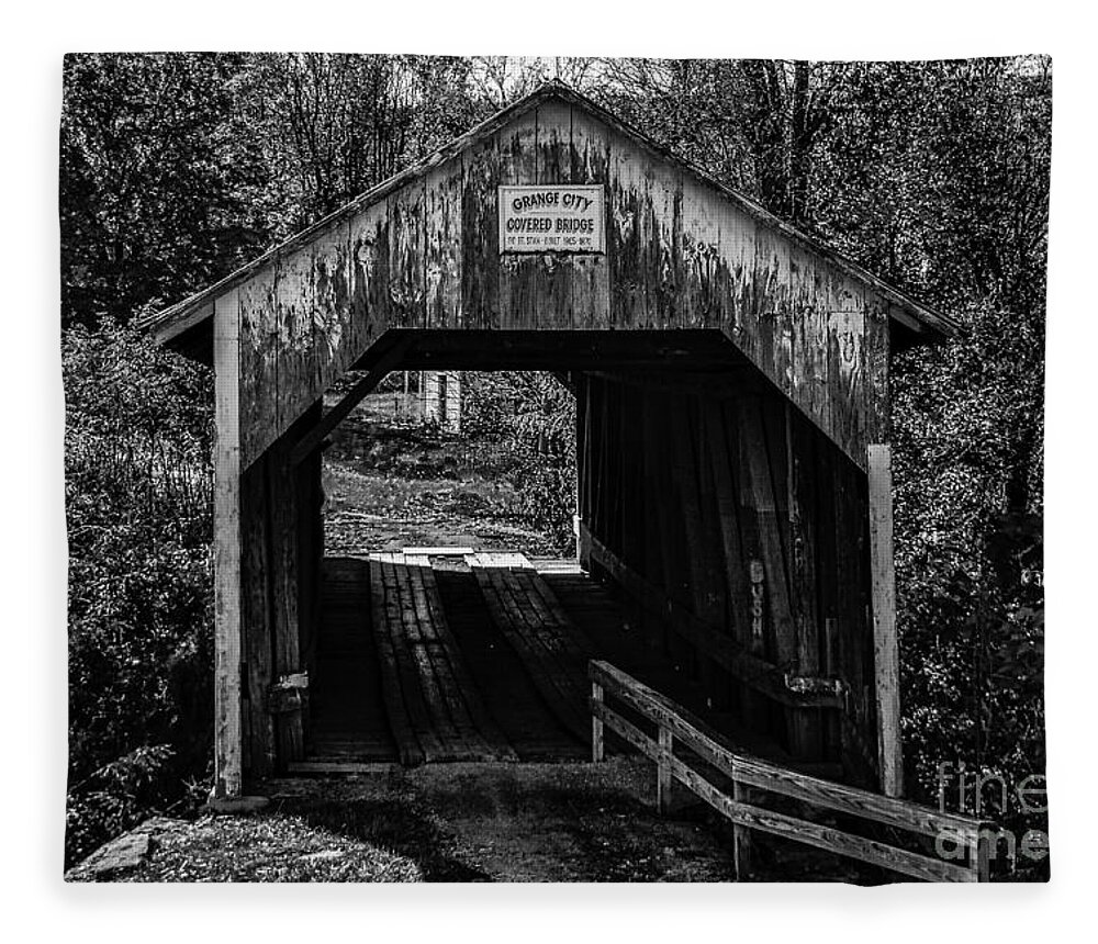 Architecture Fleece Blanket featuring the photograph Grange City Covered Bridge - BW by Mary Carol Story