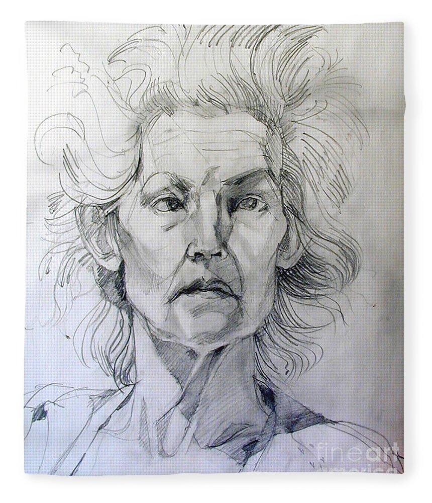 Drawing Fleece Blanket featuring the drawing Graphite Portrait Sketch of a well known cross eyed model by Greta Corens