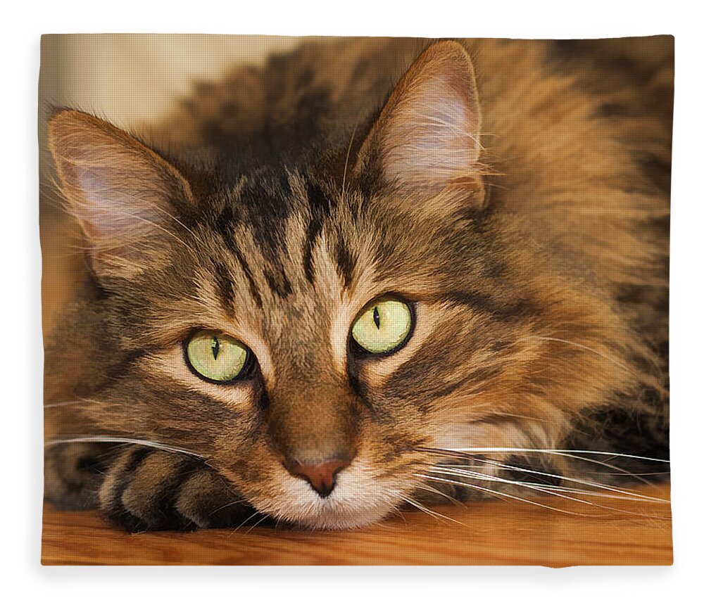 Cat Fleece Blanket featuring the photograph Green Eyes by Donna Doherty