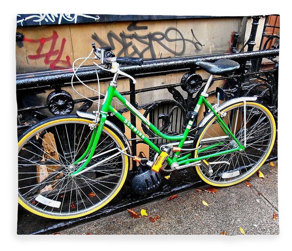 New York City Bicycle Fleece Blanket featuring the photograph Green Schwinn Bike NYC by Joan Reese