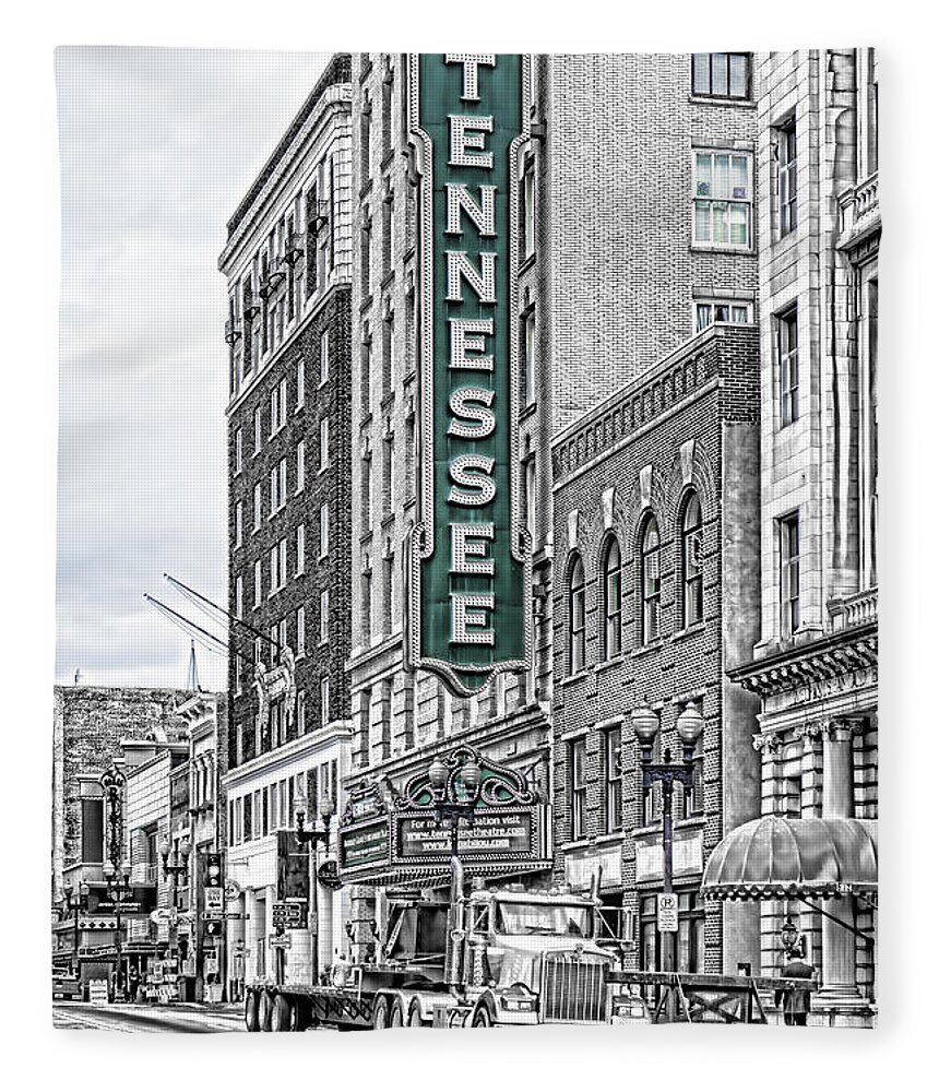 Knoxville Fleece Blanket featuring the photograph Green Tennessee Theatre Marquee by Sharon Popek