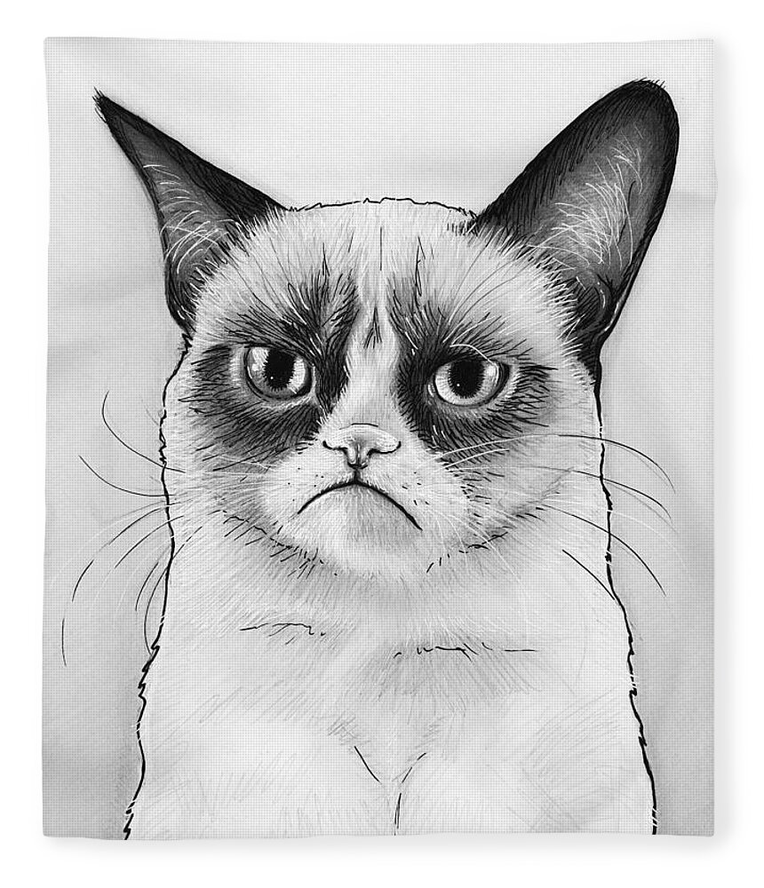 Grumpy Cat Fleece Blanket featuring the drawing Grumpy Cat Portrait by Olga Shvartsur