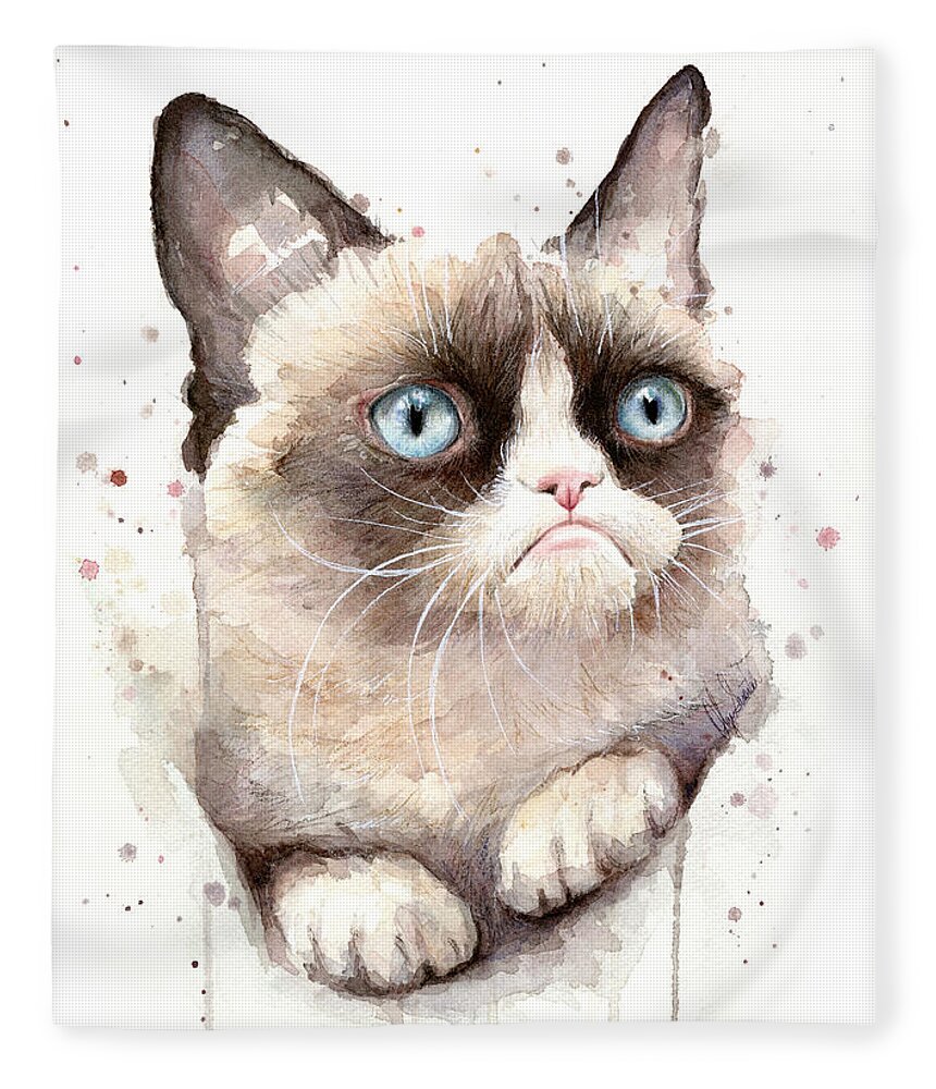 Grumpy Fleece Blanket featuring the painting Grumpy Cat Watercolor by Olga Shvartsur