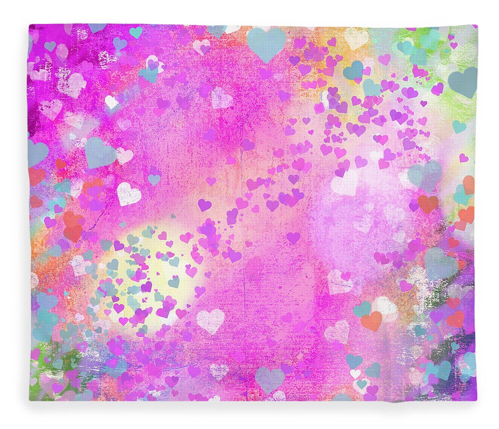 Pink Fleece Blanket featuring the mixed media Grunge Hearts Abstract Art I by Marianne Campolongo